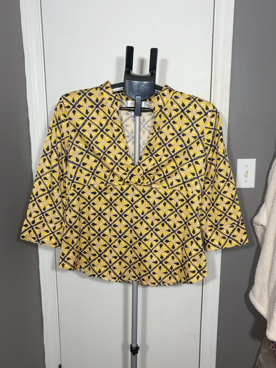 Talbots Tops - Talbots Petites M Yellow Navy Geometric Wrap Stretch Blouse